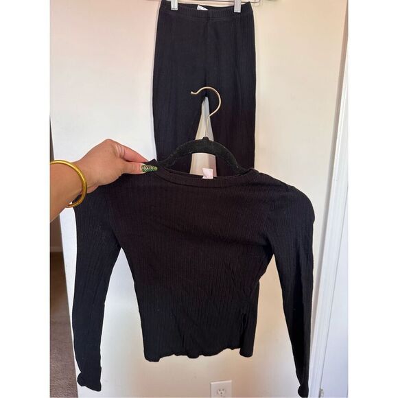 SHEIN Girls 2pc Matching Set Black Ribbed Long Sleeves Top and Stretch Pants Sz - Picture 1 of 5
